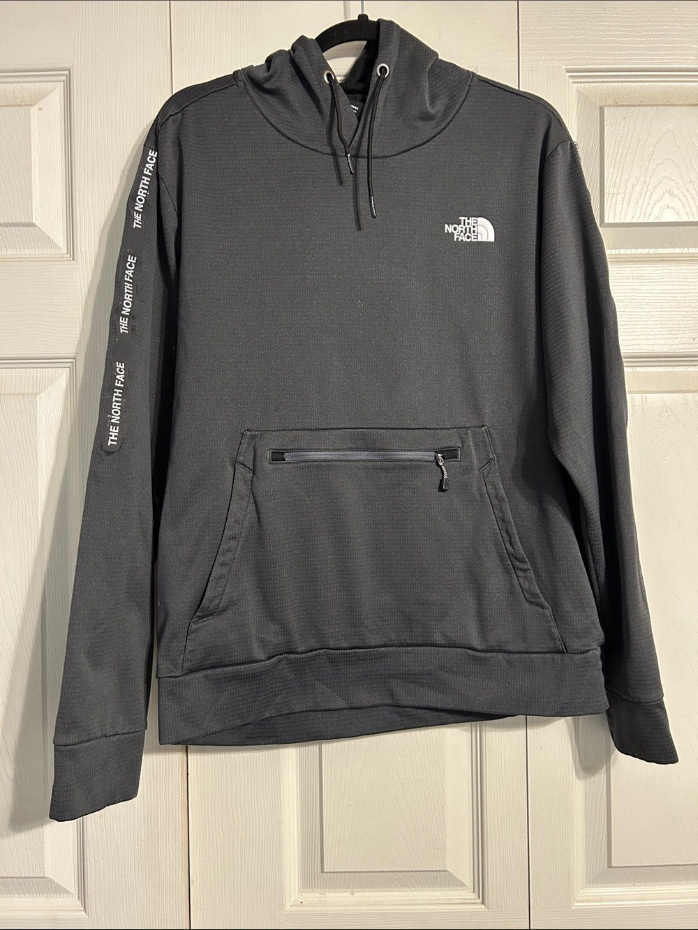 The North Face Men's Charcoal Gray Hooded Pullover Large Spellout Sweatshirt